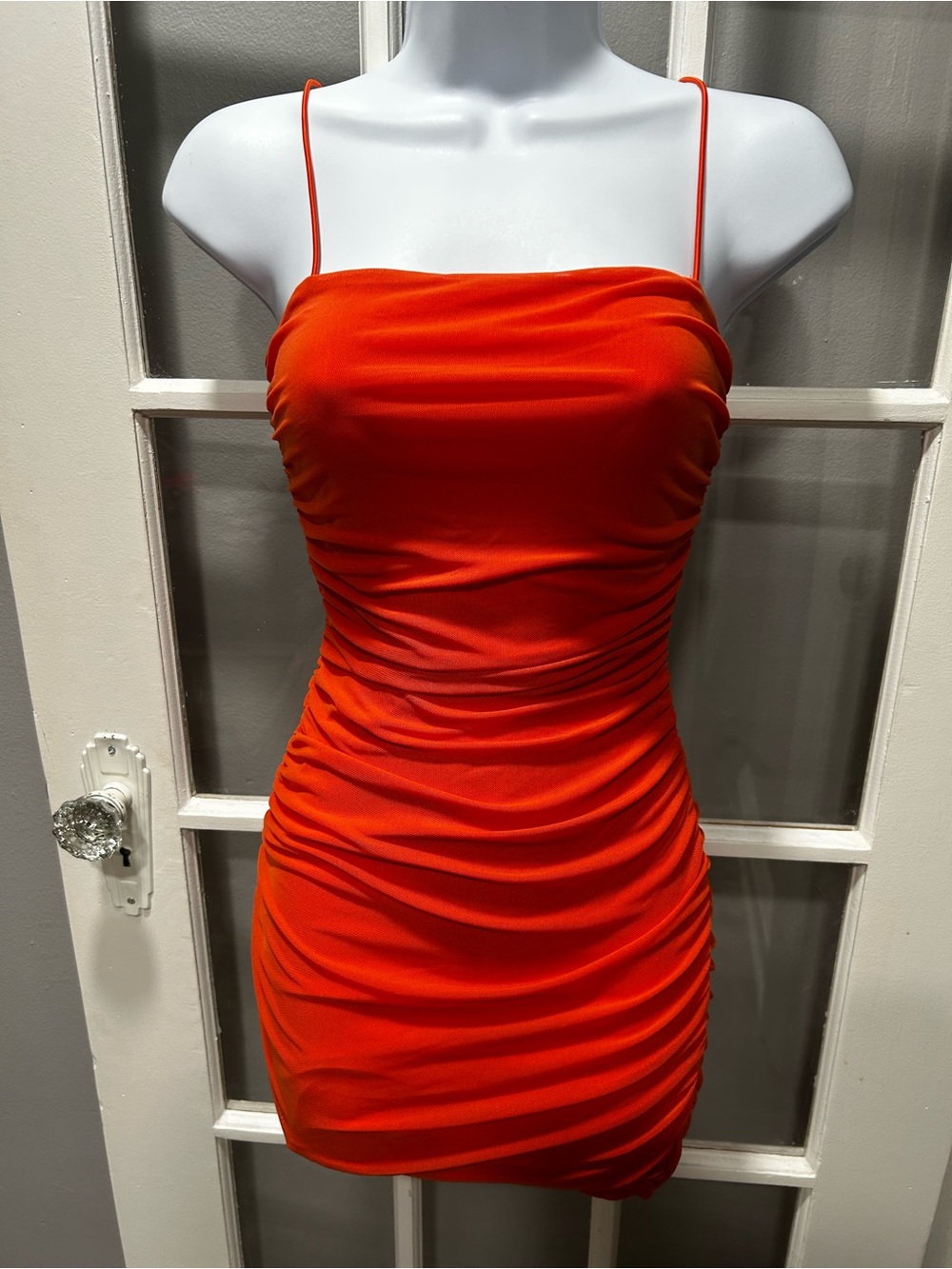 Ruched Spaghetti Strap Mini Dress in Vibrant Orange